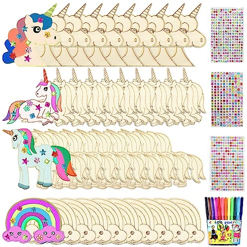 Qunkun Einhorn Holz Bastelset,55 Stück Bastelset Einhorn Kindergeburtstag, Kreatives DIY Set für Kinder, Einhorn Bastelset Kit mit Aquarell Bleistift und Edelstein Aufkleber