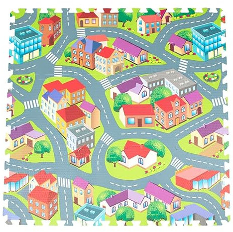 JooTech Puzzlematte | Steckmatte | Spielmatte | Bodenmatte | mit Häuser und Straßen | Bunt | 60x60 cm | 4 Stück