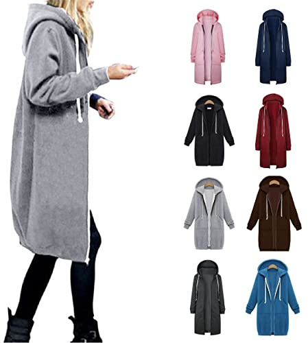 Long Hoodies for Women Fleece Long Sleeve Hoodie Sweatshirts Casual Loose Hooded Coat Zipper Plus Size Tops Shirt Pullover Sexy Warm Autumn Jumper with Pocket Light Gray