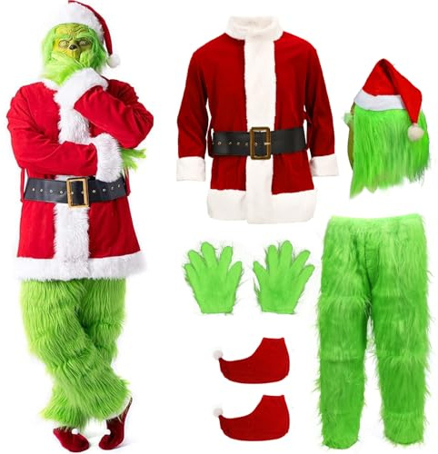 Costume di Grinch Yearsahrk per Adulti, Costume di Babbo Natale, Costume di Mostro Verde di Natale, Set di 7 Pezzi per Uomini, Costume di Halloween, Accessori per Cosplay