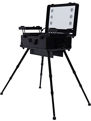 Schminkkoffer, Kosmetikkoffer Trolley mit 4 Universalräder, Einstellbare Höhe, max. Tragfähigkeit 50kg, Make up Organizer mit Spiegel und 8 LED-Lampen, für Visagisten, Friseure, Schwarz