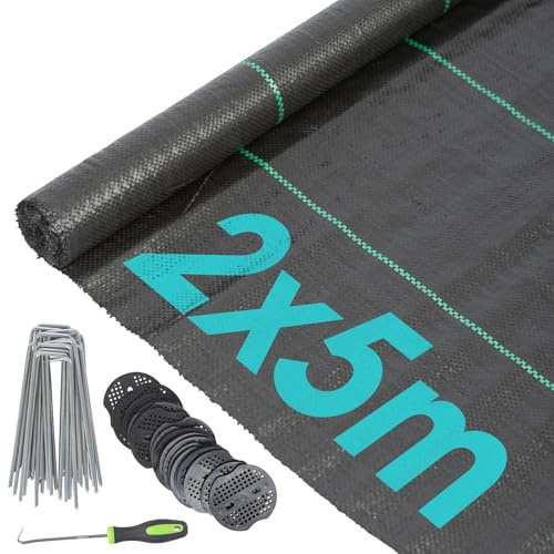 Harbour Housewares 110gsm Weed Control Membrane 2m x 5m Coverage (1 Roll) with Pegs & Plates - Heavy Duty Weed Control Fabric Barrier Ground Cover for Garden, Patios, Flower Beds, Landscaping