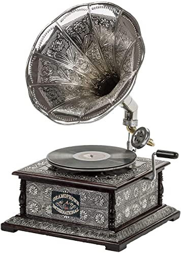 Orca INTERNATIONAL Co. Originale Silver Square, Giradischi, Grammofono Vintage HMV, Fonografo, Giradischi con Aghi Gratuiti e Registrazione Demo, Lettore CD, Bluetooth, Argento, Legno, Anticato