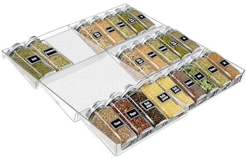 Homewit Organisateur à épices en acrylique transparent de 20 cm à 40 cm, séparateur de tiroir réglable, organisateur d'épices à 3 niveaux pour placard, comptoirs de cuisine et tiroirs