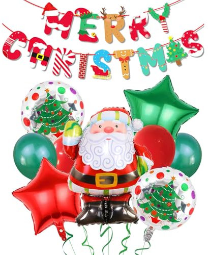 VIKY® 10 Stk Weihnachtsdeko Luftballons Set, Weihnachten Deko mit Merry Christmas Girlande Banner und Weihnachtsmann Helium Ballon, Weihnachten Luftballon, Weihnachtsballons für Weihnachts Deko Party