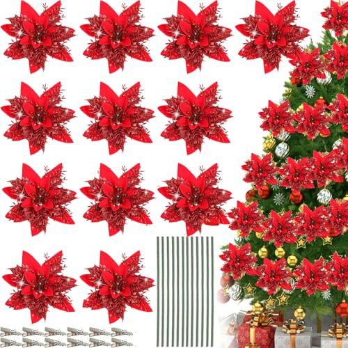 QXNDXQ 12PCS Glitter Fleurs de Poinsettia de Noël,Fleurs Artificielles Poinsettia,Noël Glitter Fleur Artificielle avec Tiges Clips pour Mariage Table,Guirlande Fête, Sapin Noël Décoration (Rouge)