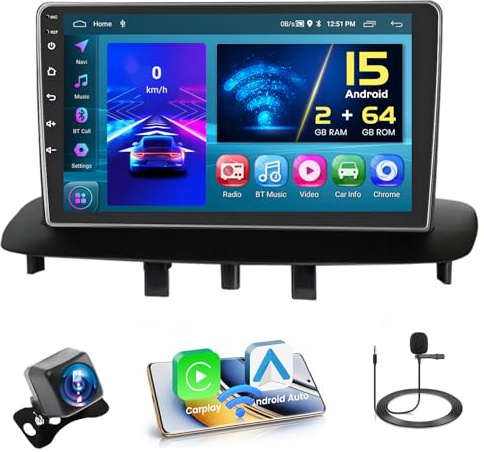 2+64G Autoradio per Renault Megane 3 2009-2014 con CarPlay Android Auto | 9 pollici Radio Android 15 con Bluetooth FM/RDS GPS WiFi Mirror Link EQ SWC microfono telecamera di retromarcia
