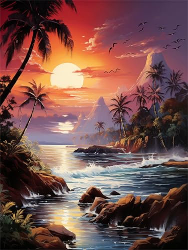 Malen Nach Zahlen Erwachsene Sonnenuntergang Malen Nach Zahlen Meer Paint by Numbers Anfänger kinder,DIY Handgemalt Ölgemälde Leinwand Kits mit Acrylfarben Bastelset,Home Deko,Frauen Geschenk 45x60cm