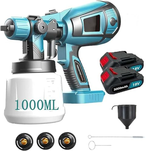 Farbsprühsystem Für Makita, Elektrisches Lackierpistole mit 1000ML Behälter, Zaun Farbspritzgerät mit 3 Düsen Farbsprühgerät, HVLP Elektrische Spritzpistole für Gartenzaun, Wände (2x3000mAh Akku)