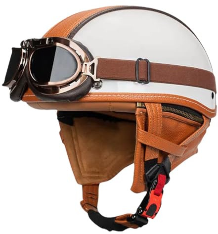 Vintage Motorradhelm Open Face Leder-Helm Winddichter Motorrad Roller Helm Mit Brille Jethelm Straßenhelm Für Damen Und Herren ECEDOT Zertifizierung Halbschalenhelm