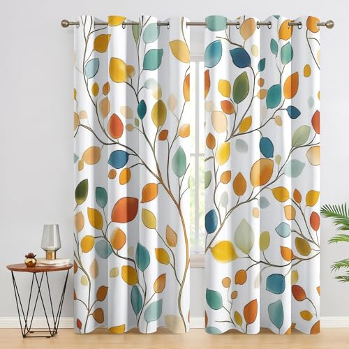 SZLYZM Bunte Blätter Vorhänge, Verdunklungsvorhänge mit Muster Botanisch, Vorhang Blickdicht mit Ösen, Gardinen für Wohnzimmer Schlafzimmer Deko 2er Set - 245x140 (H X B)