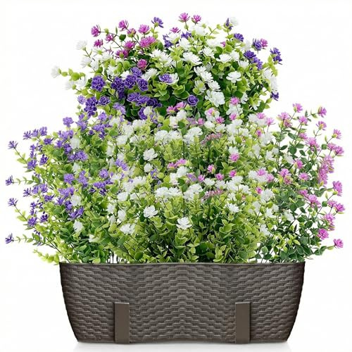 QWORK® 8 Bundles Artificial Flowers, Fake Flowers, Faux Green Shrubs Plants, Purple, White, Fuchsia For Outside Indoor Decorations