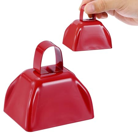 PATIKIL 2pcs Cow Bells for Football Games, 3inch Cowbells for Sporting Events Bulk Loud Noise Makers Metal Cow Bell with Handle for Cheering Competition Marathon Wedding, Red