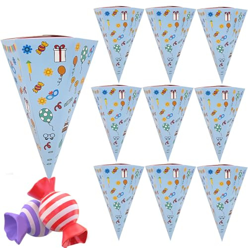 10 Stück Schultüte Klein, Zuckertüte Junge, Schultüte Bastelset, Geschwisterschultüte 30cm Tiermuster, Klein Faltbare Zuckertüte, Kleine Schultüte, Geschenkverpackung für Schulanfänger (Blau 1)