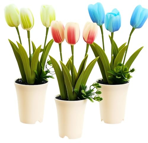 Aisamco 3 Pezzi Fiori in Vaso Artificiali Piante Finte in Vaso Bianco Mini Tulipani Artificiali per Bagno Casa Decorazione di mensole da tavolo da scrivania per ufficio