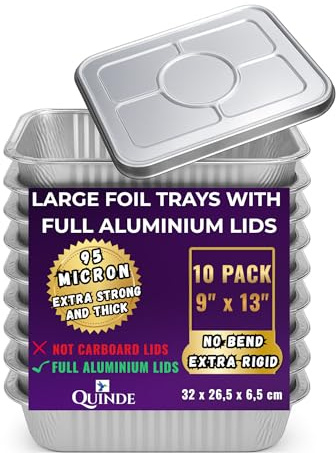QUINDE Large foil Trays with lids – Pack of 10 – Full Aluminium Heavy Duty Foil Containers with Lids 3500 ml (9×13), Deep Aluminium Baking Roasting Cooking Turkey Trays