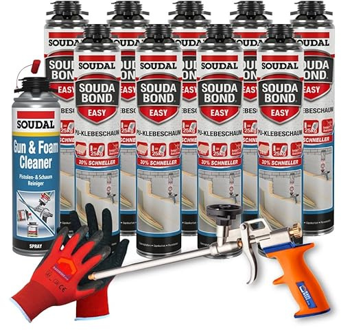 Hauswerk.shop Pu Schaumpistole + 9 x 800ml SOUDAL Soudabond Easy + Reiniger und Arbeitshandschuhe