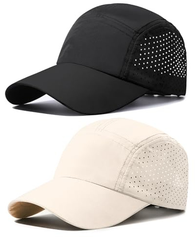 TAGVO Baseballkeps för män och kvinnor, 2 stycken UV-skydd snabbtorkande basebollkeps med andningsbart nät, justerbar lätt vikbar springer sportkeps, vardaglig solhatt för utomhusbruk, Svart och beige
