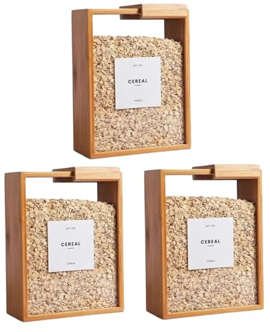Pastoralist 3Pcs Cereal Containers Storage, 9x7x3 Inch Bamboo Rice Dispenser with Removable Lids, Clear Flour Storage Containers for Kicthen, Cereal, Rice Container