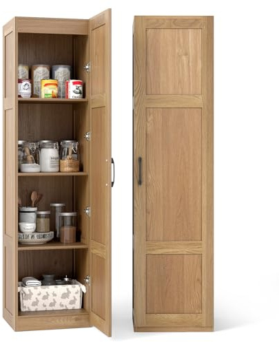 COSTWAY 150cm Tall Kitchen Cupboard, 4-tier Buffet Pantry Storage Cabinet with Anti-tipping Device, Freestanding Narrow Sideboard Organizer Unit for Dining Room Living Room (Natural)