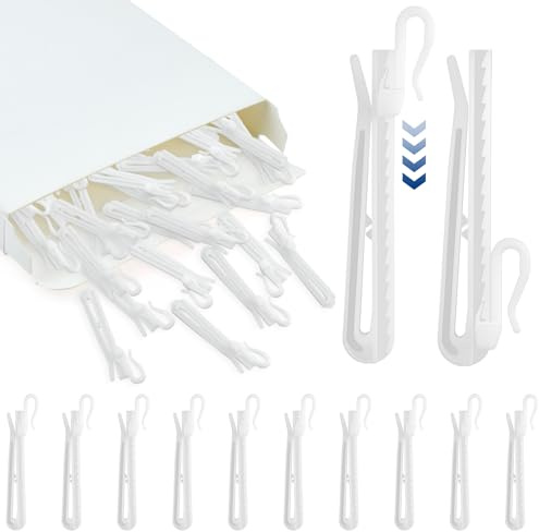 ZIUZI 50 Pcs White Plastic Curtain Hooks, 85mm Adjustable Pinch Pleat Drapery Hooks with Ratchet System for Window Drapes, Door & Shower Curtains