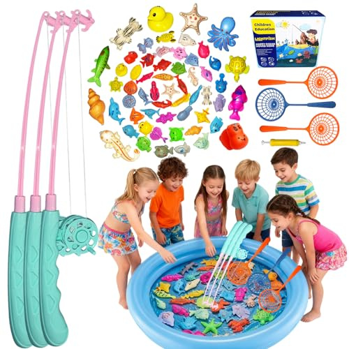 58 Pezzi Gioco Pesca Magnetica Bambini con Piscina Blu Doppio Strato, 50 Pesci Galleggianti, 3 Canna da Pesca per Bambini e 3 Retini – Giochi Acquatici Educativi per Bagnetto, Piscina e Feste