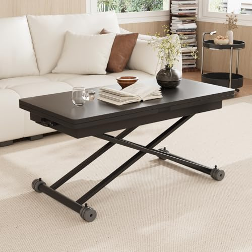 VOWNER Höhenverstellbarer Couchtisch, 3-in-1 Ausziehbarer Platzsparender Esstisch für Esszimmer, Drehbarer, Umwandelbar in Wohnzimmer-Esstisch, Wohnzimmer und mehr (Schwarz mit Holzmaserung)