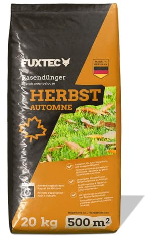 FUXTEC Engrais gazon automne FX-RDH20 – 20 kg pour jusqu’à 500 m² – Formule NPK 5+3+12 – Granulés solubles résistants au froid, gel et hiver – Fertilisation durable Made in Germany