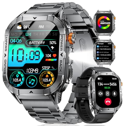 SUNKTA EF17 Mens Smart Watch with LED Flashlight, 2.13'' Amoled HD Display Fitness Tracker Watch, Pedometer/100+ Sport Modes/Sleep/5ATM Waterproof Smartwatch, Compatible iOS Android Smart Watches