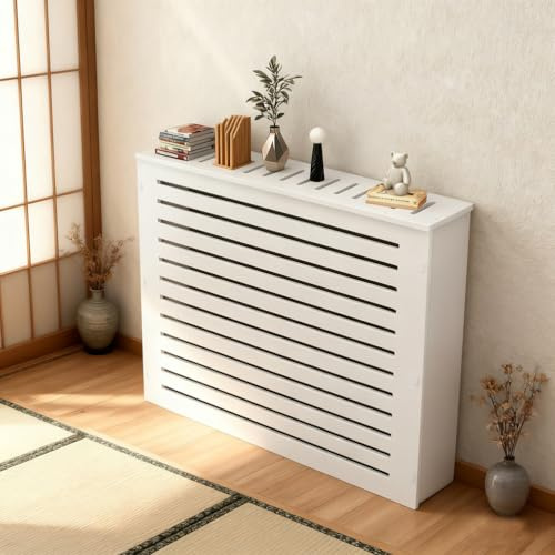 Radiator Cover with Shelf, White Heater Cover Cabinet with Louvered Grill & Storage Top, Slatted Design to Hide Unsightly Radiators for Living Room, Bedroom, Home Office & Hallway,White,90x100x20cm