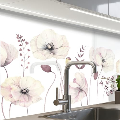 KitchenYeah© Spritzschutz Küchenrückwand Küche Abwaschbar Selbstklebend | 60x80 cm - Küchenwand Küchenfront Küchen Rückenwand Wandschutz Blumen - Pastell - Pflanzen - Weiß