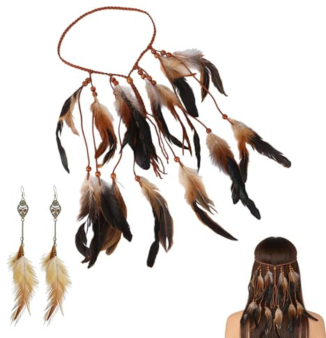 Attrape-rêves tribal avec bandeau en plumes, 1 paire de boucles d'oreilles plumes, 35 cm, noir et blanc, accessoires bohèmes pour fêtes, cérémonies et événements
