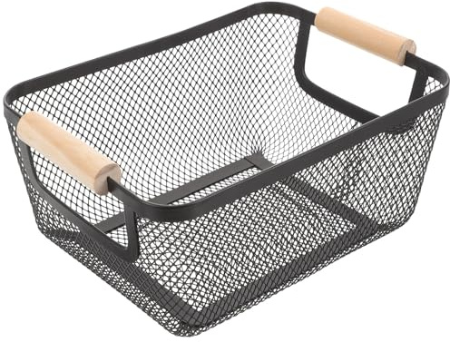 BESPORTBLE Cesta de Almacenaje Metal con Asa de Madera Pequeña Negro Organizador para Cocina Baño Oficina Estilo Nórdico Minimalista Canasta de Alambre para Guardar y Transportar