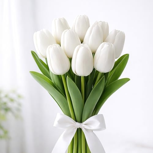MQIAN Künstliche Tulpen, 10 Stück Kunstblumen, Tulpen Künstlich Wie Echt, Artificial Flowers für Hochzeitsdekoration Valentinstag Frühlingsdeko Muttertag Ostern Deko (Weiß)