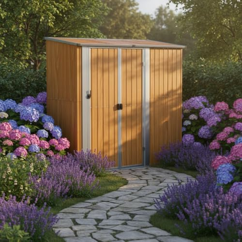 Abri de Jardin 180,5 x 97 x 209,5 cm, Acier galvanisé Aspect Bois, abri à Outils avec Porte verrouillable, abri de Jardin métallique avec Plancher pour Outils et équipements.