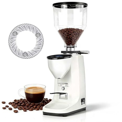 QFGain Molinillo De Café Espresso con DosificacióN AutomáTica, Pantalla Digital Programable, Muelas Planas De 60 Mm, Cuerpo De Aluminio White