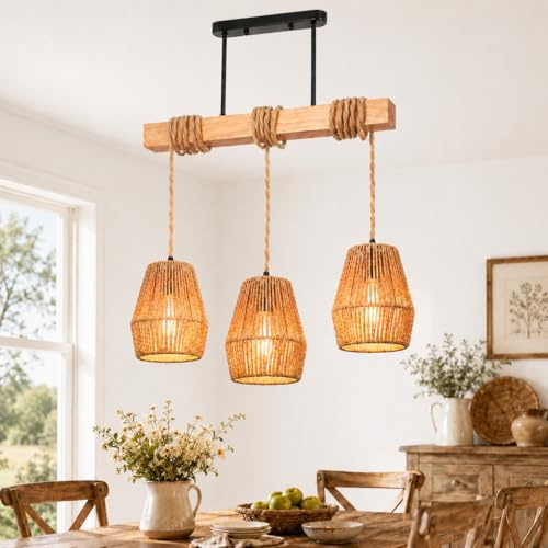 IRONDELIC Pendelleuchte Esstisch Hängelampe Rattan 3-Flammig mit LED E27, Höhenverstellbare Holz Boho Deckenlampe und Neigbare Einstellbarer Winkel Esstischlampe für Kücheninsel Esszimmer Wohnzimmer