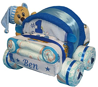 Windeltorte | Kleines Windelauto mit Schlafbär blau | personalisiert durch Kennzeichen | Windelgeschenk