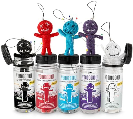 5er-MIX: Voodoo Doll in Dose | lustige Mini-Voodoo-Puppe to go | Arbeitswelt, Weltfrieden, Allgemeine Angelegenheiten, Liebe & Freundschaft, Die Bucklige Verwandtschaft Voodoo-doll | imaginäre Liebkosungen für fast Jeden