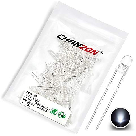 Chanzon 100 pcs 3mm White LED Diode Lights (Clear Round Transparent DC 3V 20mA) Bright Lighting Bulb Lamps Electronics Components Light Emitting Diodes