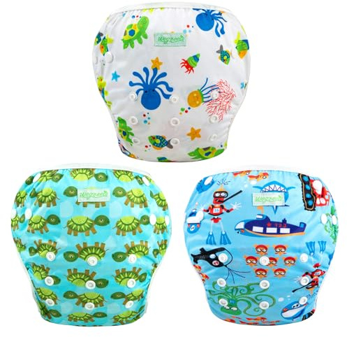 wegreeco Reusable Swim Diapers,Baby & Toddler Snap One Size Adjustable Reusable Baby Swim Diaper (Diving, Ocean, Turtle, Large, 3 Pack)