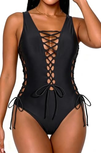 Holipick Women Sexy One Piece Swimsuit One Shoulder Bathing Suit Lace Up Swimwear Monokini, Black, S