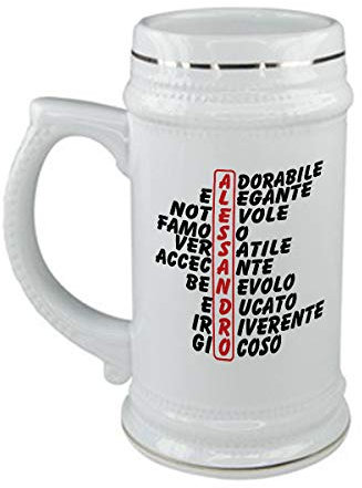 bubbleshirt Boccale da birra Compleanno - Alessandro e aggettivi simpatici - evento - in ceramica - capienza 50 cl - idea regalo