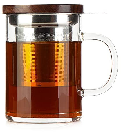 Glas tekopp, COMI tekopp med infusionslock och handtag, glastekoppar med bred mun extra stor kapacitet, rostfritt stål te infusionsmugg för lösa blad te bryggning (400 ml)