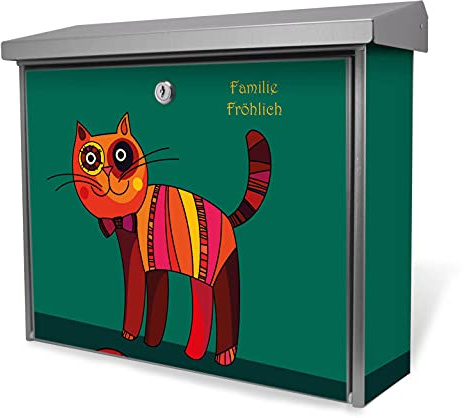 banjado® Burgwächter Briefkasten Edelstahl 38,5x31,5x12cm mit Motiv Orange Katze/Briefkasten Edelstahl ohne Zeitungsfach/Briefkasten grau/Postkasten inkl. Montagematerial & 2 Schlüsseln