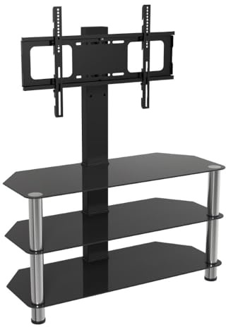 mahara Meuble TV d'angle en verre noir et argent avec support – Support TV pour TV de 60 pouces – Supporte un maximum de 40 kg – Compatible VESA 75 mm x 75 mm – 600 mm x 400 mm – Support TV pour salon