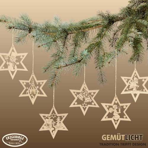 WEIGLA - Baumbehang aus Holz original Erzgebirge I Christbaumschmuck I 6-teiliges Baumbehangset Weihnachtssterne I schöne Bastel- und Geschenkidee für Groß und Klein I Geschenkanhänger