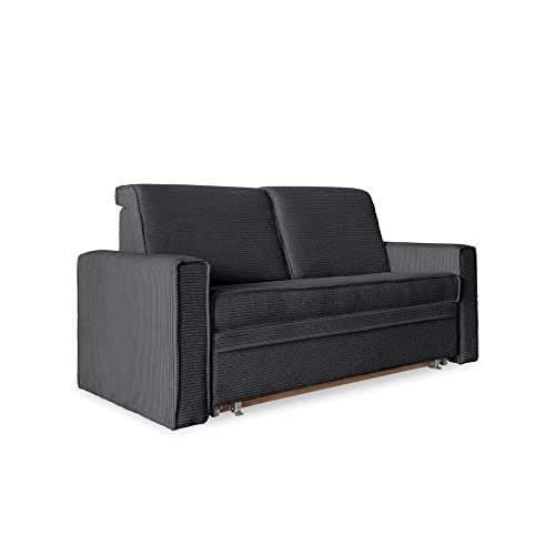 MIUFORM Sofa mit Schlaffunktion Bettkasten | Lucky Lucy| Schlafsofa mit Bettkasten und Armlehnen | Sofa Bett | Wohnzimmer Schlafzimmer Gästebett | Cord-Stoff (Antrhazit)