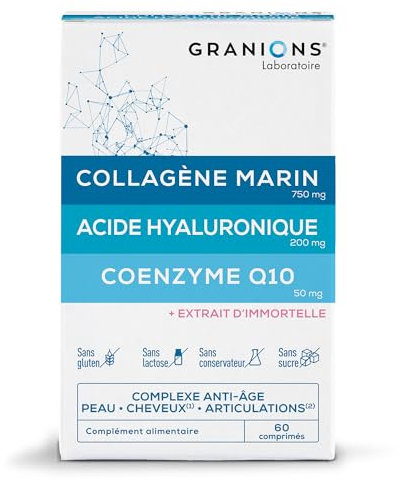 GRANIONS - Collagene Marin - Collagene et Acide Hyaluronique + Coenzyme Q10 - Collagene Cheveux, Peau, Articulation, Ongles - Collagene Marin + Selenium + Acide Hyaluronique - 60 Comprimés