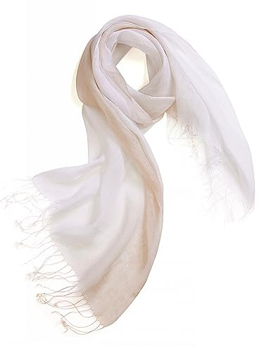 Prettystern Sciarpa Leggera Unisex Foulard in Lino Uomo Donna Primavera Estate Tie-Dye Batike Con Frange T95 cachi chiaro/bianco